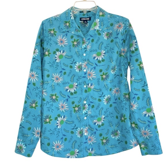 Land's End 100% SUPIMA Cotton No Iron Aqua Floral Button up Shirt ladies size 10 - Picture 1 of 10